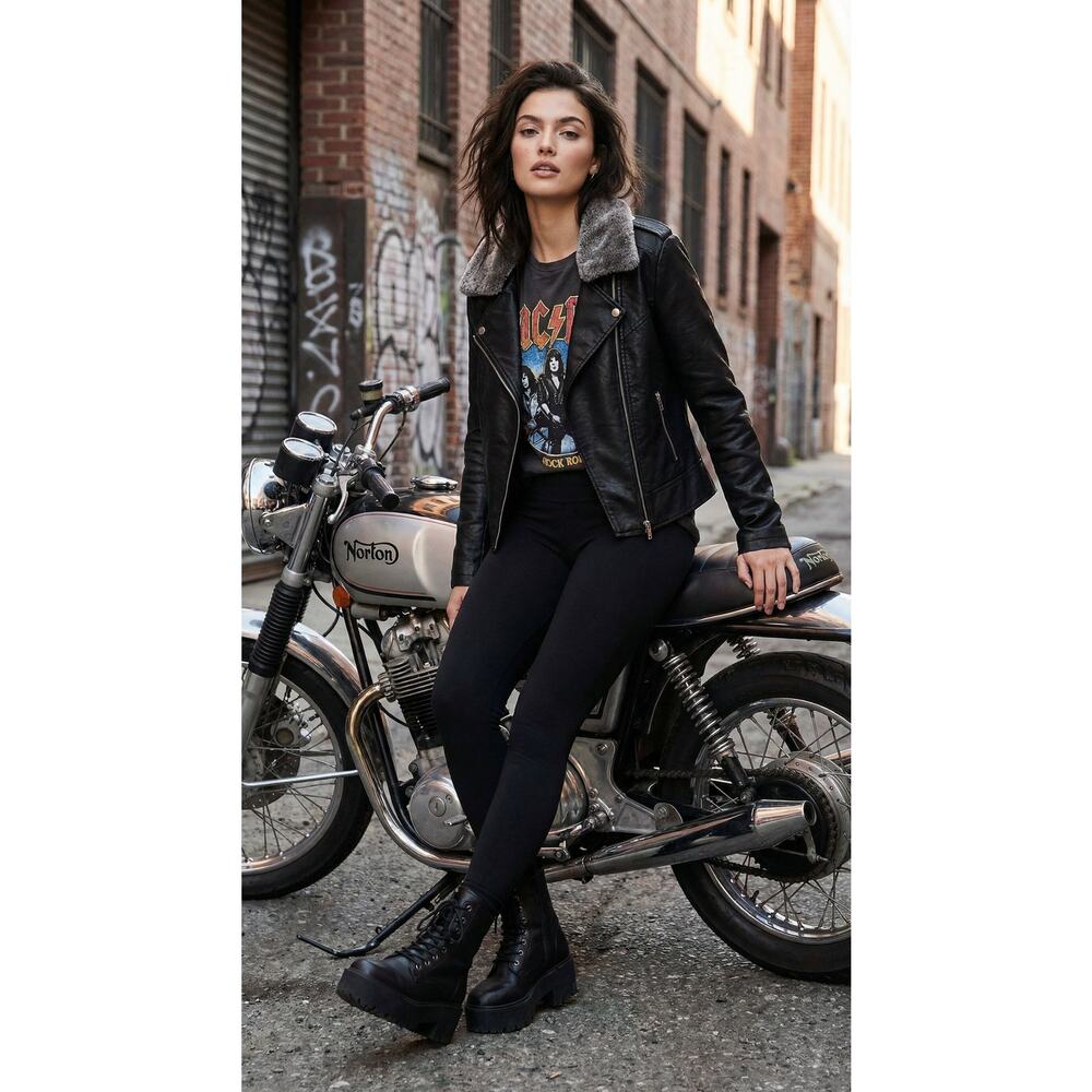Rachel Roy Faux Leather Moto Jacket XL w/ Removable Fur Collar